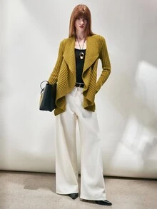 SHEIN Women's Knit Cardigan Draped Asymmetrical Ribbed Knit Large Lapel Open Front Elegant Mustard Yellow Solid Fall Sweater Cardigan For Women Thanksgiving - Mustard Yellow - View 5