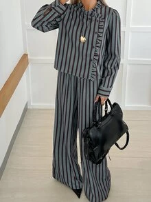 Livesso Women's Elegant Striped Long Sleeve Shirt And Pants 2 Pieces Set - Dark Green - View 1
