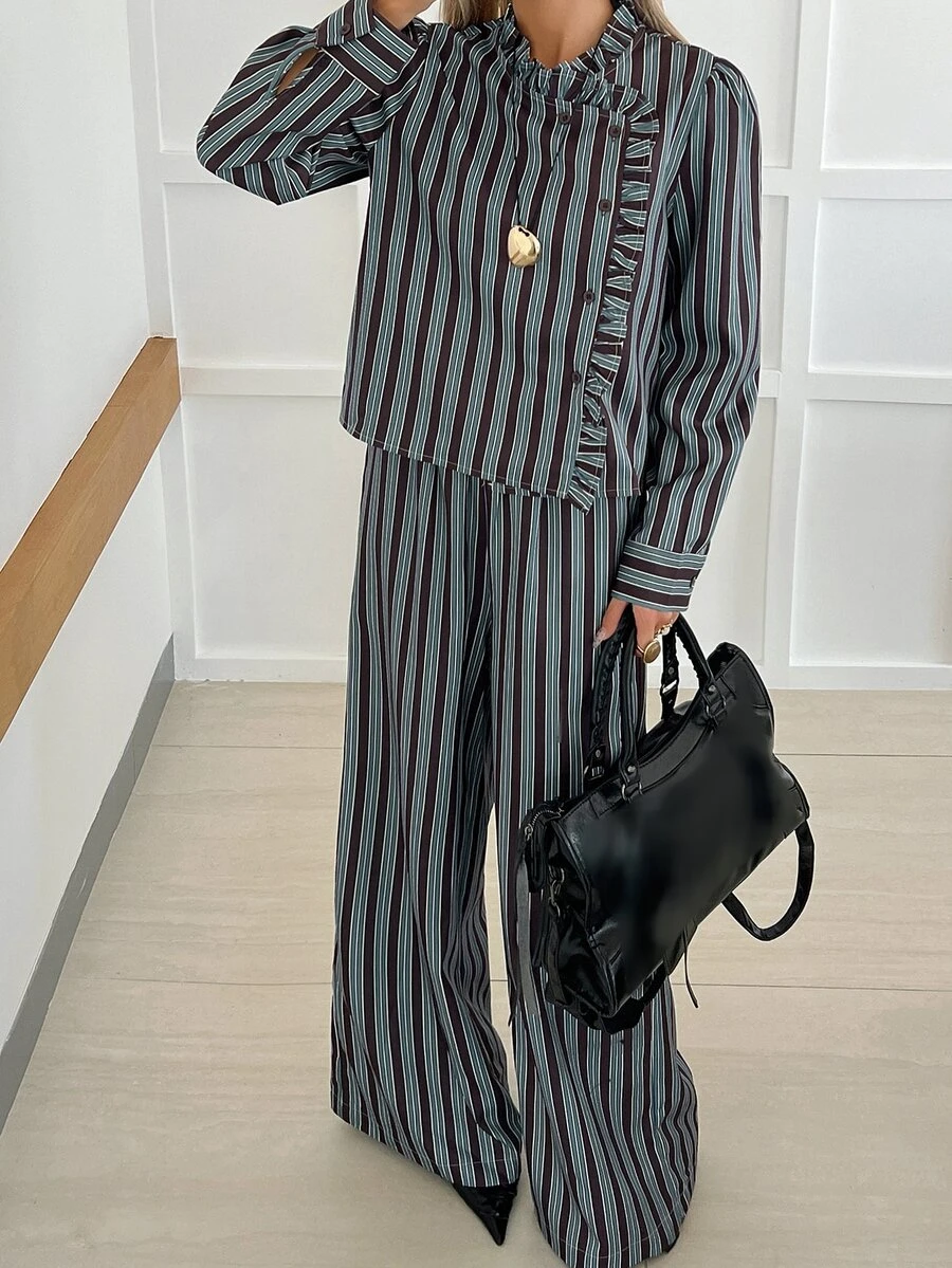 Livesso Women's Elegant Striped Long Sleeve Shirt And Pants 2 Pieces Set - Dark Green - View 1