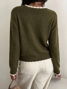 SHEIN BASICS Women Sweaters Office Brunch Olive Green Autumn French - Green - View 2