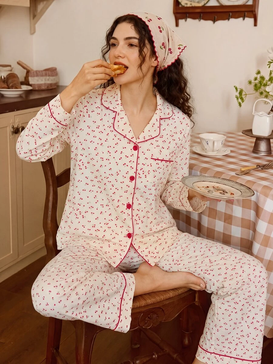 Tulorae Women's Cherry Print Long Sleeve & Long Pants Pajama Set, Farmhouse Style, Suitable For Home And Outdoor Wear - Apricot - View 1