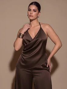 SHEIN BAE CURVE بنطال طويل من الساتان بياقة كول للنساء مقاس كبير باللون البني - بني - مشاهدة 7
