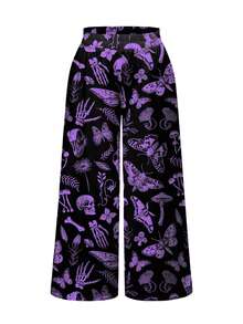 ROMWE Goth 神秘女巫哥德宮廷暗黑骷髏蛾植物蝴蝶結蘑菇葉片大尺碼全印花寬鬆寬腿褲 - 黑色 - 查看 1