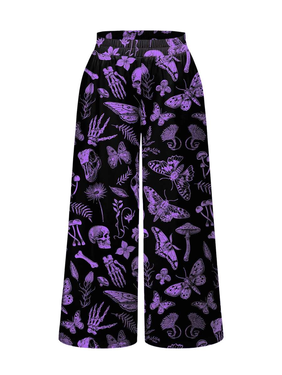 ROMWE Goth 神秘女巫哥德宮廷暗黑骷髏蛾植物蝴蝶結蘑菇葉片大尺碼全印花寬鬆寬腿褲 - 黑色 - 查看 1