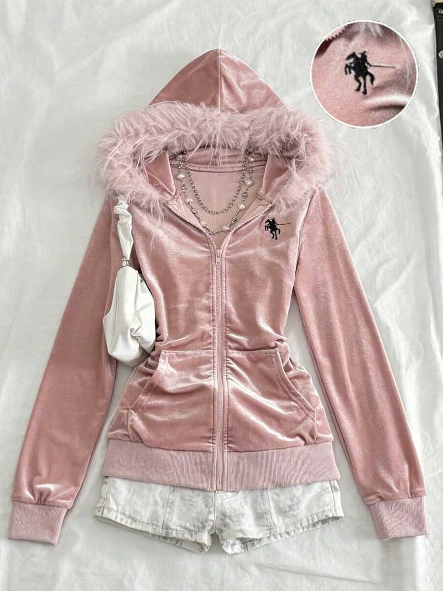 SHEIN Tween女孩秋冬休閒街頭風粉色天鵝絨小Logo刺繡袋鼠口袋人造毛飾邊連帽拉鍊外套 - 粉色 - 查看 1