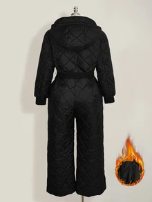 SHEIN ICON Women's Plus Size Quilted Diamond Pattern Black Ski Jumpsuit - Black - View 12