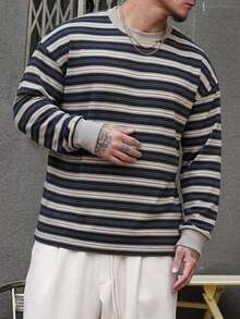 DAZY Spring/Autumn Black & Grey Striped Long Sleeve Ribbed Cuff Men's T-Shirt - Multicolor - View 5