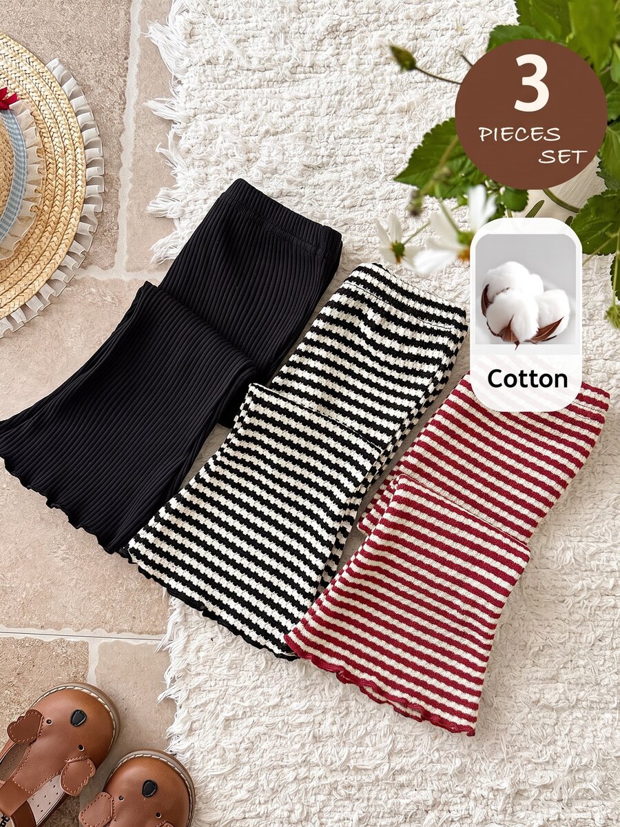 SHEIN LMoss Kids LMoss 3件組女嬰針織純色條紋休閒喇叭褲套裝 - 酒紅色 - 查看 1