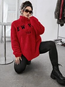 SHEIN EZwear 大尺碼 2 件套：紅色休閒字母印花拉鍊抓絨連帽衫與修身瑜伽褲，百搭大尺碼風格，適合秋冬 - 紅色 - 查看 6