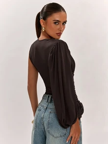 SHEIN BAE Women's Autumn Olive Green Elegant One-Shoulder Asymmetrical Ruched Puff Sleeve Top, Suitable For Commuting, Casual, - Coffee Brown - View 2
