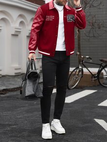 Manfinity CasualCool Men's Solid Colour Patchwork Front Button Long Sleeve Letter Print Casual Baseball Jacket,Teamjacket - Red - View 4