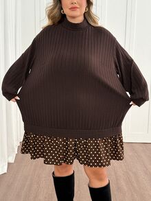 SHEIN CURVE+ فستان نسائي مقاس كبير برقبة عالية محبوك مضلع مع رقعة بنقاط بولكا بني، فستان فضفاض مريح للخريف/الشتاء، مناسب للمقاسات 5XL-8XL - بني - مشاهدة 3