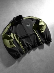 Manfinity Roghcode 男士字母圖案撞色長袖拉鍊休閒夾克 - 軍綠色 - 查看 1