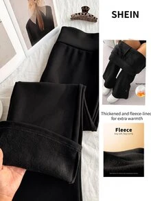 Comfortcana 女款大尺碼保暖刷毛內裡長褲 冬季休閒寬鬆直筒褲 - 黑色 - 查看 1
