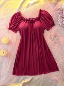 DelicateAllure Women's Solid Color Round Neck Lace Patchwork Fashionable Home Sleep Dress - Burgundy - View 1
