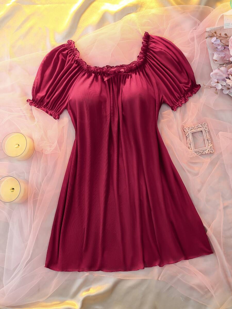 DelicateAllure Women's Solid Color Round Neck Lace Patchwork Fashionable Home Sleep Dress - Burgundy - View 1
