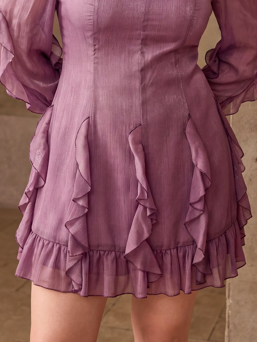 MOTF PREMIUM WOMEN'S PURPLE SHINY RUFFLE TRIM ELEGANT SHORT DRESS - Purple - View 2