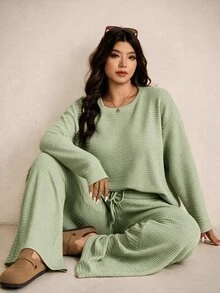 Elaquor 大尺碼白色長袖上衣與長褲兩件套休閒軟挺優雅度假套裝女裝，適合秋季、母親節、正式場合與居家穿著 - 綠色 - 查看 5