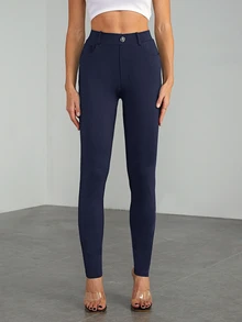 SHEIN Tall 女款休閒極簡純色高腰修身長褲 - 藏蓝色 - 查看 4