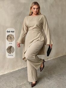 Auralis Round Neck Flared Long Sleeve Cinched Waist Pleated Extra Long Top & Wide Leg Pants Plus Size Set/Asymmetrical Top / Lace-Up / Slit - Khaki - View 1