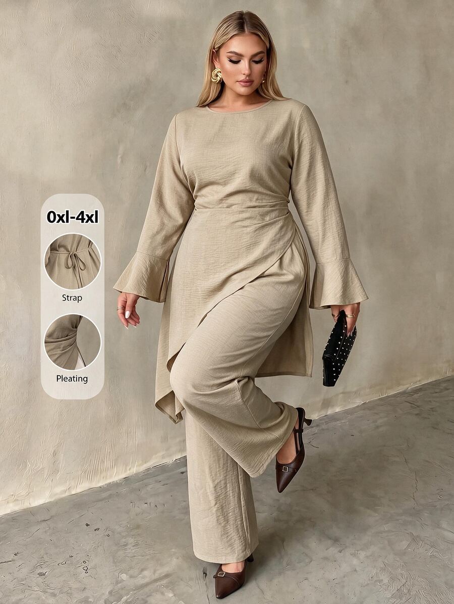 Auralis Round Neck Flared Long Sleeve Cinched Waist Pleated Extra Long Top & Wide Leg Pants Plus Size Set/Asymmetrical Top / Lace-Up / Slit - Khaki - View 1