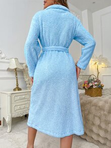 SweetSlumber Women's Pink Heart Embroidered Plush Long Robe, Autumn/Winter Loungewear - Baby Blue - View 2