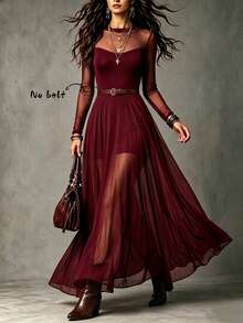 LUMIGAL Women's Mesh Patchwork Casual Party Long Dress - Red - View 1