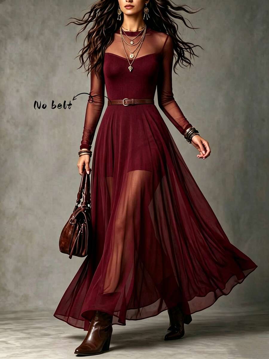 LUMIGAL Women's Mesh Patchwork Casual Party Long Dress - Red - View 1