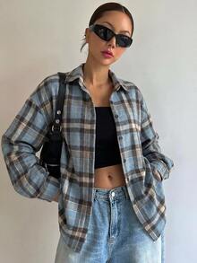DAZY Women's Casual Vacation Button-Up Plaid Long Sleeve Shirt - Khaki - View 1