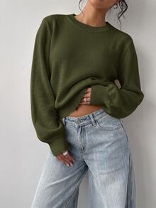 SHEIN BASICS 女款素色圓領長袖休閒基礎款寬鬆針織衫 淡黃色 秋冬日常上學早午餐穿搭 - 軍綠色 - 查看 5