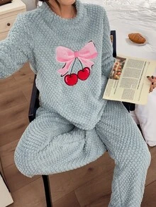 Napfluff Cherry Embroidered Comfortable Warm Plush Women's Long Sleeve Long Pants Pajama Set - Blue - View 6