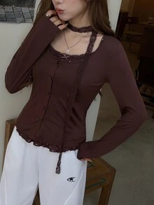K-Vae Korean Style Gentle Brown Long Sleeve Cardigan Jacket Women Early Autumn Inner Layer Ruffle Hem Polka Dot Camisole 2pcs Set - Coffee Brown - View 6