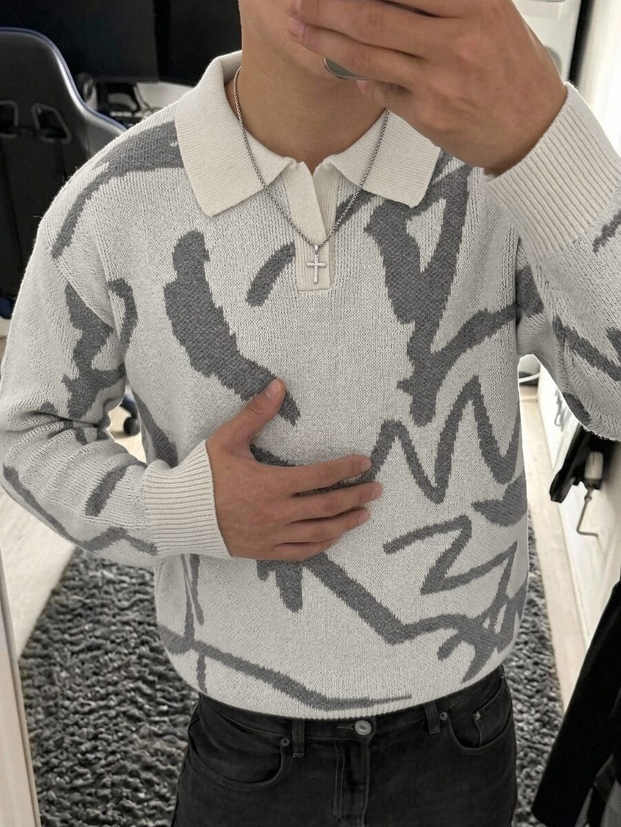Marcello Vane 秋冬新款男士 POLO 領提花長袖白色與灰色套頭毛衣,適合日常穿著、休閒、度假 - 白色 - 查看 1