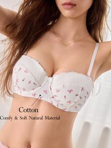 Ocili 1pc Fresh Rose Floral Contrast Lace Molded Cup Bra - White - View 1