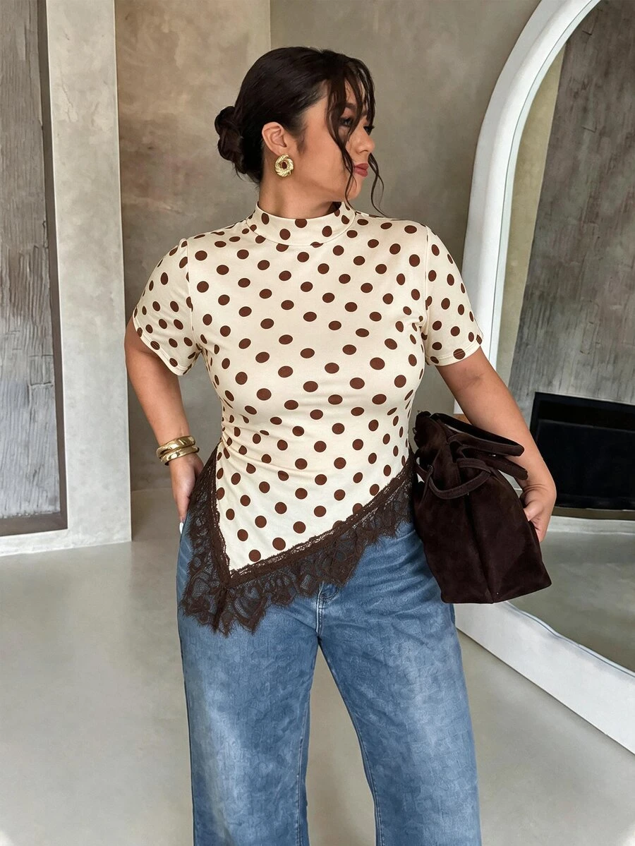Firerie 女款極簡優雅休閒修身 T-shirt 上衣-卡其色波點收腰設計,不對稱下擺與蕾絲裝飾大尺碼 T-shirt - 彩色 - 查看 1