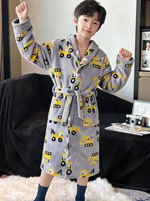 SHEIN Little Byeori 兒童青少年男孩休閒日常百搭舒適可愛卡通挖掘機圖案法蘭絨面料寬鬆中長款長褲居家服 秋冬 - 黃色 - 查看 5