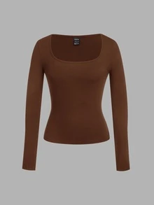 SHEIN EZwear 2件組女款素色方領長袖休閒T恤 - 彩色 - 查看 5