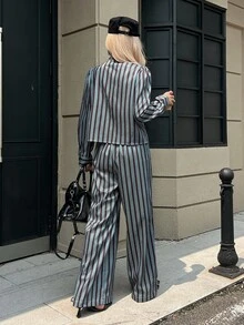 Livesso Women's Elegant Striped Long Sleeve Shirt And Pants 2 Pieces Set - Dark Green - View 2