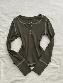 Attitoon Women's Button Half-Placket Long Sleeve Casual T-Shirt - Grey - View 5