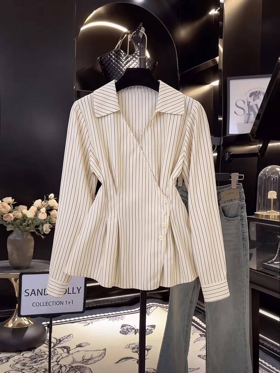 Muvela Women's Striped Button Shirt, Elegant Lapel Collar Long Sleeve Slim Fit Blouse, Ruffled Hem Wrap Top, Chic Office Work Commuter Wear For Early Spring - Black and White - View 1