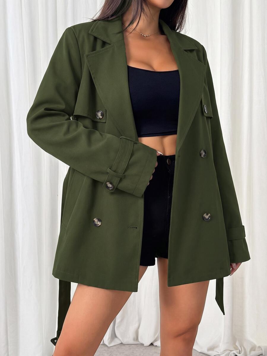 SHEIN EZwear 秋冬雙排扣收腰中長款風衣 - 軍綠色 - 查看 1