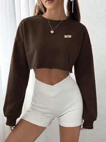 SHEIN EZwear 女款字母印花牛仔落肩長袖休閒短版衛衣 - 棕色 - 查看 4