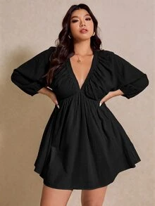 Elaquor 大尺碼女款純色深V領燈籠袖口袋休閒洋裝，棕色秋/冬日常外出休閒洋裝 - 黑色 - 查看 8