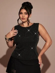 SHEIN BAE CURVE Plus Size Women's Black Rhinestone Embellished Round Neck Fitted Elegant Tank Top - Black - View 6