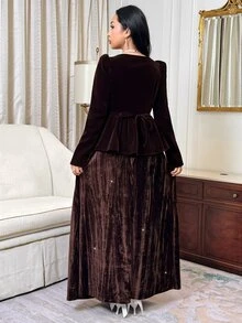 Modelyn Women's Elegant Faux Pearl Decor Waist-Cinching Top And Sequin Maxi Skirt 2 Pieces Set - Coffee Brown - View 3