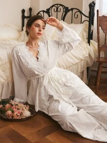 Côtesoire Plus Size Pajama Set, South French Elegant Autumn/Winter Sleepwear, French Romantic Pajama Set - White - View 4