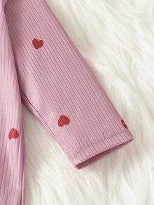 SHEIN 2件組女嬰新生兒連身衣，甜美可愛粉色愛心印花羅紋荷葉邊長袖圓領常規款，適合生日派對、秋季保暖公主風禮物 - 粉色 - 查看 7