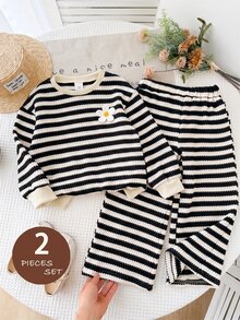 LMoss Kids 女童幼兒休閒條紋圓領長袖衛衣褲子2件套 - 黑色 - 查看 3