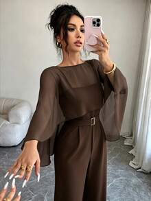 SHEIN Raffinéa 女款純色船領短版上衣與細肩帶寬腿連身褲優雅套裝 - 棕色 - 查看 3