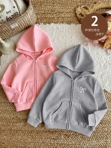 SHEIN LMoss Kids 買1送1，2件組女孩純色連帽寬鬆休閒衛衣，度假風，休閒學院風，適合秋冬，日常穿著 - 彩色 - 查看 4